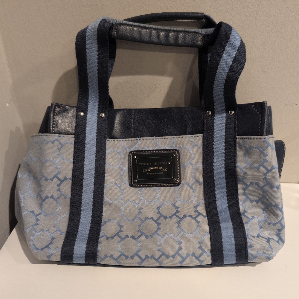Tommy Hilfiger Light Blue TH Monogram Canvas Leather 7x12‎ Medium Handbag Purse
